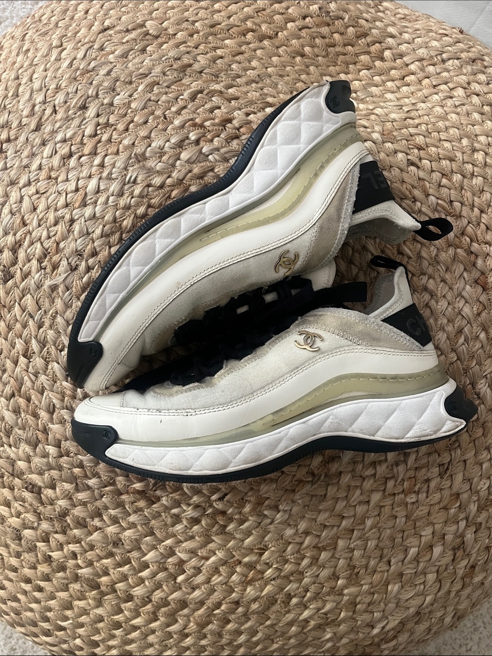 CHANEL White, Black & Cream CC Logo Chunky Sneakers